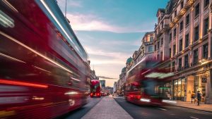 bus city london busy movement lights buildings road hectic